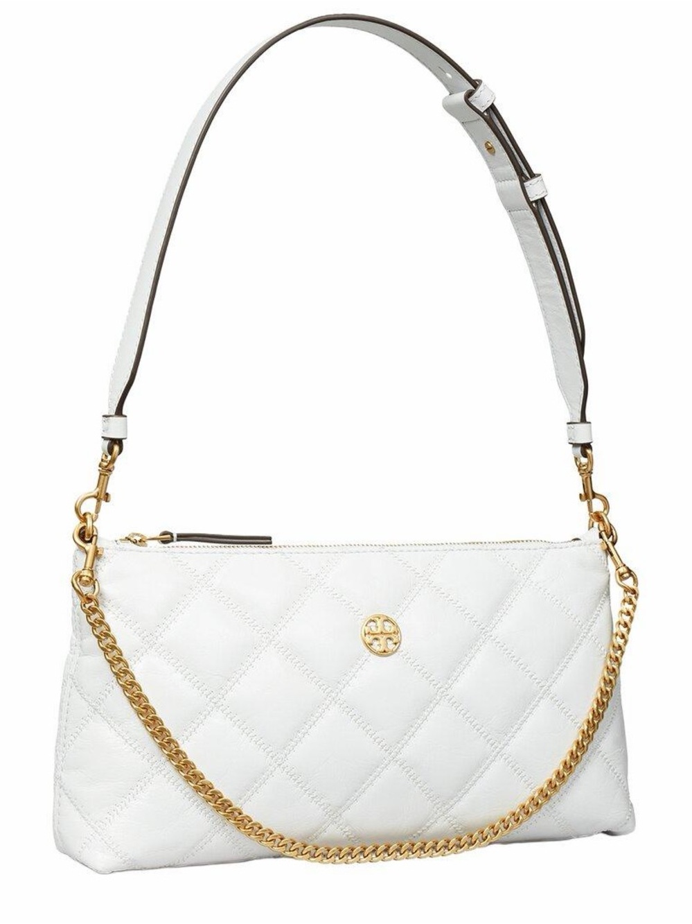 Tory Burch White Quilted Leather Shoulder Bag with Gold Chain Detail
